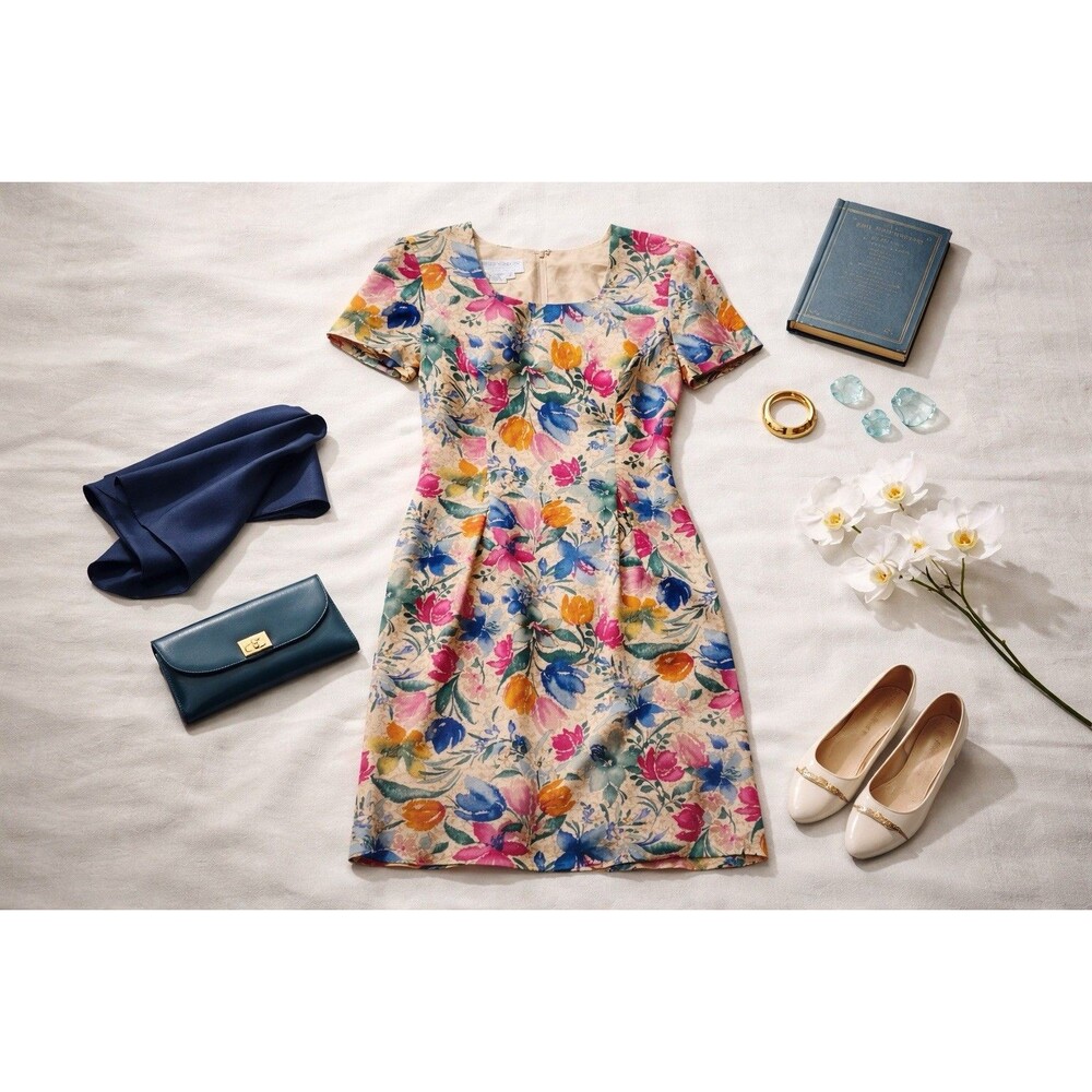 Vintage 90s Maggy London 100% Silk Floral Sheath Dress Size 4